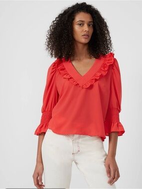 French Connection Crepe Light Ruffle Blouse Bright Red Hibiscus size Small